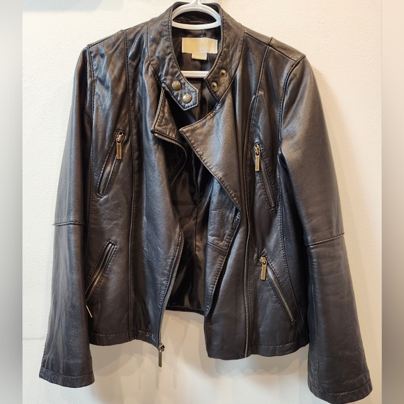 Michael Kors Leather Moto Jacket, Black, Size US M - Picture 2 of 15